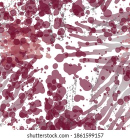 Blots Seamless Pattern. Fashion Concept. Distress Print. Bordo, Pink Illustration. Glamour Surface Textile. Ink Stains. Spray Paint. Splash Blots. Artistic Creative Vector Background.