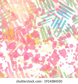 Patrón sin foco. Concepto de moda. Impresión por problemas. Ilustración Rosa, De Mint. Tejido de superficie de camo. Manchas De Tinta. Pintura de pulverización. Splash Blots. Fondo artístico de vectores creativos.
