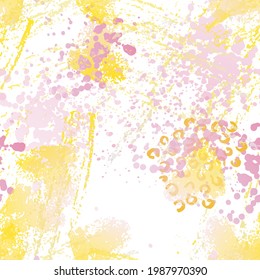 Blots Seamless Pattern. Fashion Concept. Distress Print. Yellow, Orange Illustration. Army Surface Textile. Ink Stains. Spray Paint. Splash Blots. Artistic Creative Vector Background.