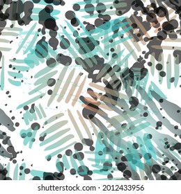 Blots Seamless Pattern. Fashion Concept. Distress Print. Blue, Green, Gray Illustration. Army Surface Textile. Ink Stains. Spray Paint. Splash Blots. Artistic Creative Vector Background.