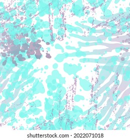 Blots Seamless Pattern. Fashion Concept. Distress Print. Blue, Teal Illustration. Summer Surface Textile. Ink Stains. Spray Paint. Splash Blots. Artistic Creative Vector Background.