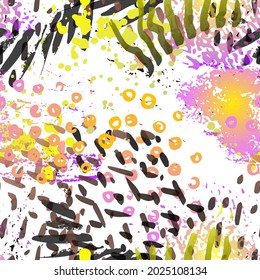 Patrón sin foco. Concepto de moda. Impresión por problemas. Color, Ilustración brillante. Textil de superficie de verano. Manchas De Tinta. Pintura de pulverización. Splash Blots. Fondo artístico de vectores creativos.
