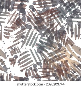 Blots Seamless Pattern. Fashion Concept. Distress Print. Ochra, Sepia Illustration. Urban Surface Textile. Ink Stains. Spray Paint. Splash Blots. Artistic Creative Vector Background.