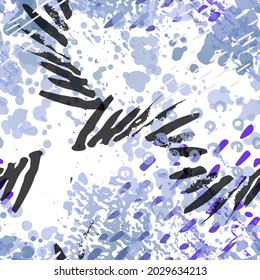 Blots Seamless Pattern. Fashion Concept. Distress Print. Blue, Teal Illustration. Dirty Surface Textile. Ink Stains. Spray Paint. Splash Blots. Artistic Creative Vector Background.