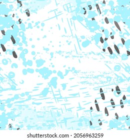 Blots Seamless Pattern. Fashion Concept. Distress Print. Blue, Green, Gray Illustration. Glamour Surface Textile. Ink Stains. Spray Paint. Splash Blots. Artistic Creative Vector Background.