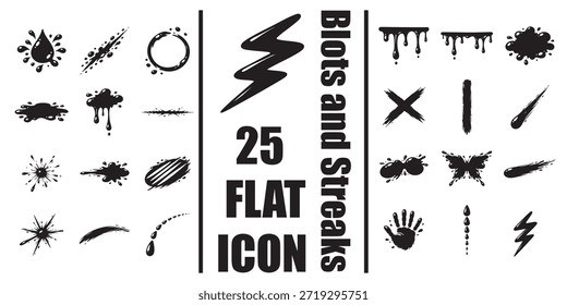 Blots y rayas de tinta plana negra goteo salpicaduras conjunto de iconos