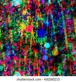 Blots, stripes, spots, ovals, polygons. Bright abstract seamless vector background.