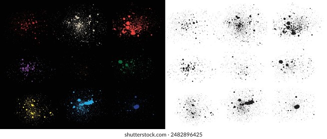 Blotter spots liquid paint artistic dirty grunge brush stroke. Black red orange green yellow blue purple pink wheat color grunge texture set. Paint splatter spooky splash vector background set