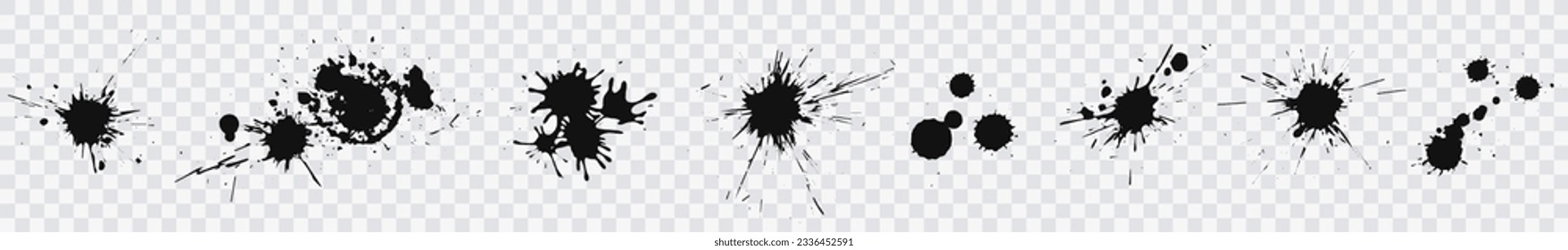 Blotter spots, liquid paint drip drop splash and ink splatter. Set of ink drops and splashes. Artistic dirty grunge abstract spot vector set. Illustration monochrome drip splash, splat messy inkblot.