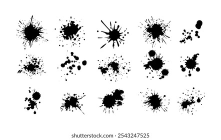 Blotter spots, liquid paint drip drop splash and ink splatter. Ink drops and splashes. Artistic dirty grunge abstract spot vector set