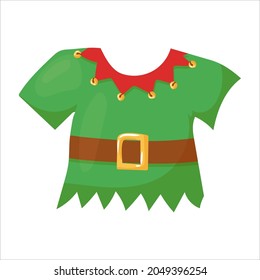 Blouse with bells. Santa's helper elf clothes. Bright costume. Christmas decor in cartoon style. Vector illustration isolated on white background.