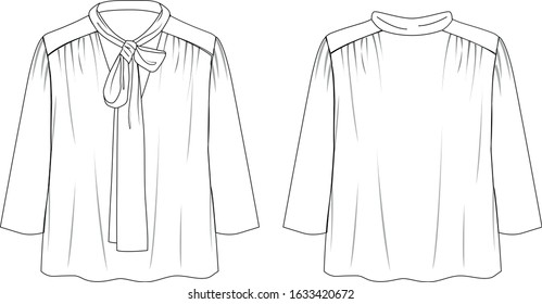 Blouse with bow neck, front and back view, vector fashion illustration