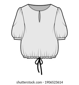 Blouse cropped drawstring technical fashion illustration with scoop neck, elbow sleeves, slashed button opening, oversized. Flat blouse template front, grey color. Women unisex top CAD mockup