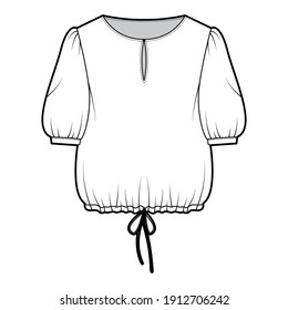 Blouse cropped drawstring technical fashion illustration with scoop neck, elbow sleeves, slashed button opening, oversized. Flat blouse template front, white color. Women unisex top CAD mockup