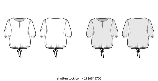 Blouse cropped drawstring technical fashion illustration with scoop neck, elbow sleeves, button opening, oversized. Flat blouse template front, back white, grey color. Women unisex top CAD mockup