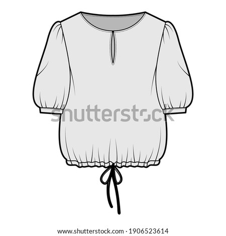 Blouse cropped drawstring technical fashion illustration with scoop neck, elbow sleeves, slashed button opening, oversized. Flat blouse template front, grey color. Women unisex top CAD mockup
