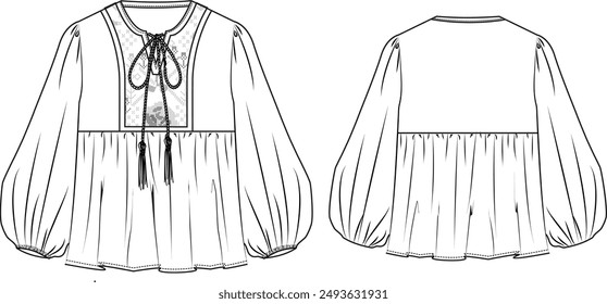 blouse with lace-up front and gathered sleeves