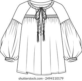 blouse with lace-up front and gathered sleeves
