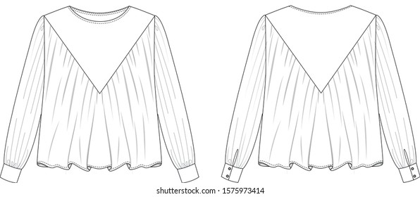Blouse with long sleeve, front end back view, vector illustration