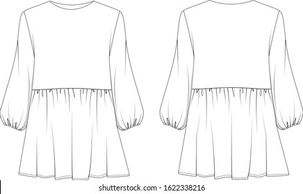 Blouse with long sleeve and ruffle, front and back view vector fashion illustration