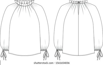 Blouse with long sleeves and smocking in front, back and side view. Vector illustration blouse. 