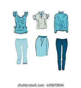 Blouse, pants and skirt illustration. Packing for vacation. Female clothing set. Vector hand-drown objects illustrations of fashion collection.