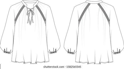 Blouse the puffed, see-through sleeves have elasticated cuffs. Front and back view, vector fashion illustration.