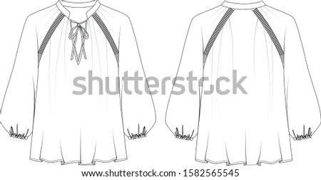 Blouse the puffed, see-through sleeves have elasticated cuffs. Front and back view, vector fashion illustration.