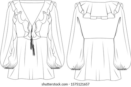 Blouse with ruffles vector illustration, back and side view