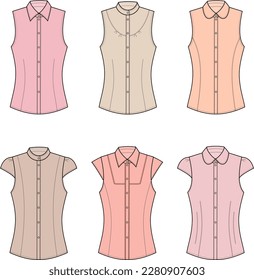 Blouse set flat sketch. Office sleeveless shirt apparel design. Front view. Women CAD mockup. Fashion technical drawing template. Vector illustration.