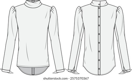 Women’s  blouse, shirt, front and back view vector fashion illustration , cad, technical drawing, flat drawing, mockup, template