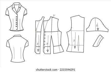 Blouse with short sleeves and a turn-down collar with lapels. Flat sketch of a blouse front view and back view. Pattern for sewing. 