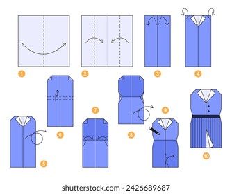 Bluse und Rock Origami Schema Tutorial Moving Model. Origami für Kinder. Schritt für Schritt, wie weibliche Kleidung zu machen. Vektorgrafik.