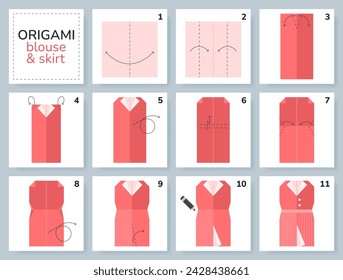 Blusa y falda de origami esquema tutorial modelo en movimiento. Origami para niños. Paso a paso cómo hacer ropa femenina. Ilustración vectorial.