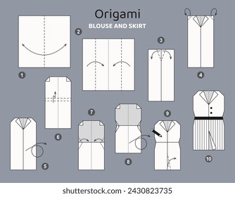 Blouse and skirt origami scheme tutorial moving model. Origami for kids. Step by step how to make female clothing. Vector illustration.