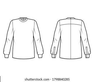 Blouse technical fashion illustration with banded collar, long sleeves with cuff, oversized body, back zip fastening. Flat apparel top template front, back white color. Women men unisex shirt mockup