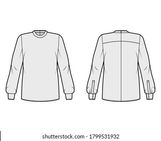 Blouse technical fashion illustration with banded collar, long sleeves with cuff, oversized body, back zip fastening. Flat apparel top template front back grey color. Women men unisex shirt CAD mockup
