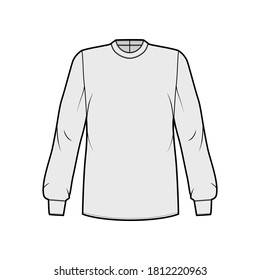 Blouse technical fashion illustration with banded collar, long sleeves with cuff, oversized body, back zip fastening. Flat apparel top template front, grey color. Women men unisex shirt CAD mockup