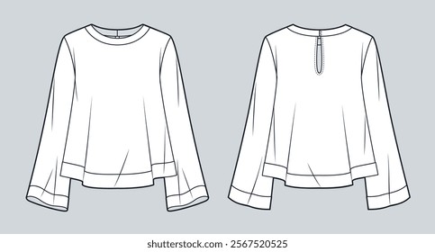 Blouse technical fashion Illustration. Bell Sleeve Shirt fashion flat technical drawing template, long sleeve, flared, front and back view, white, women, men, unisex Top CAD mockup.