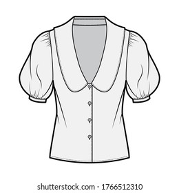 Blouse technical fashion illustration with collar framing the plunging V neck, oversized medium puffed sleeves and body. Flat apparel template front grey color. Women, men unisex garment CAD mockup