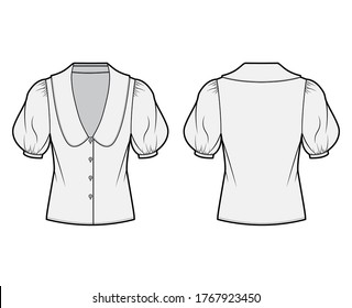 Blouse technical fashion illustration with collar framing V neck, oversized medium puffed sleeves and body. Flat apparel template front, back, grey color. Women, men unisex garment CAD mockup