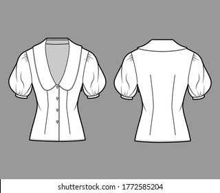 Blouse technical fashion illustration with collar framing the plunging V neck, oversized medium puffed sleeves, fitted body. Flat apparel template front back white color. Women men unisex CAD mockup