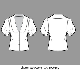 Blouse technical fashion illustration with collar framing V neck, oversized medium puffed sleeves and body. Flat apparel template front, back, white color. Women, men unisex garment CAD mockup