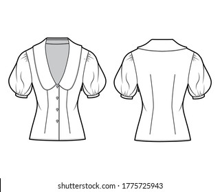 Blouse technical fashion illustration with collar framing the plunging V neck, oversized medium puffed sleeves, fitted body. Flat apparel template front back white color. Women men unisex CAD mockup