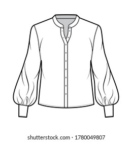 Blouse technical fashion illustration with curved mandarin collar, long bishop sleeves with cuff, oversized body. Flat apparel shirt template front, white color. Women, men, unisex top CAD mockup