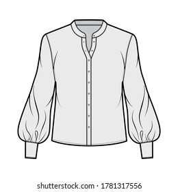 Ilustración técnica de moda blusa con collar de mandarina curvado, mangas largas de obispo con esposas, cuerpo sobredimensionado. Plantilla de la camisa de vestimenta plana, color gris. Mujeres, hombres, unisex top mockup CAD