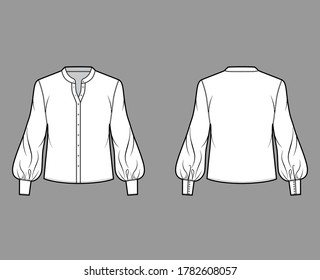 Blouse technical fashion illustration with curved mandarin collar, long bishop sleeves with cuff, oversized body. Flat apparel shirt template front back, white color. Women, men, unisex top CAD mockup