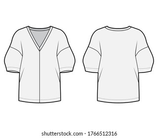 Blouse technical fashion illustration with deep V neck, dropped shoulders and side slits elbow sleeves, loose silhouette. Flat apparel template front back grey color. Women men unisex CAD mockup