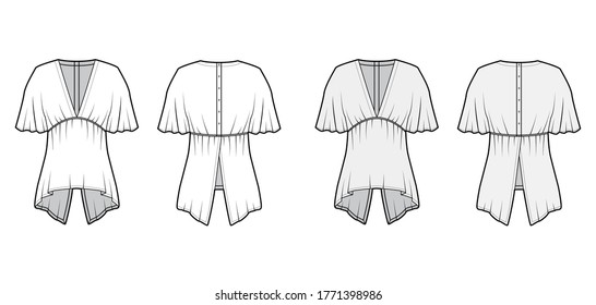 Blouse technical fashion illustration with elbow circle sleeves, deep V neck, split hem and snap-fastenings at back. Flat apparel template front, back white grey color. Women men unisex garment mockup