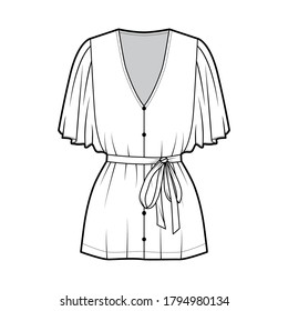 Blouse technical fashion illustration with flare elbow circle sleeves, plunging V-neckline, tie belt, front button fastenings. Flat apparel shirt template front, white color. Women men unisex top CAD